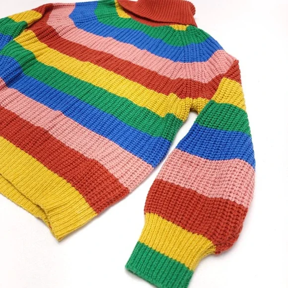 Womens Rainbow Striped Knit Sweater Long Sleeve Turtle Neck - Picture 2 of 3